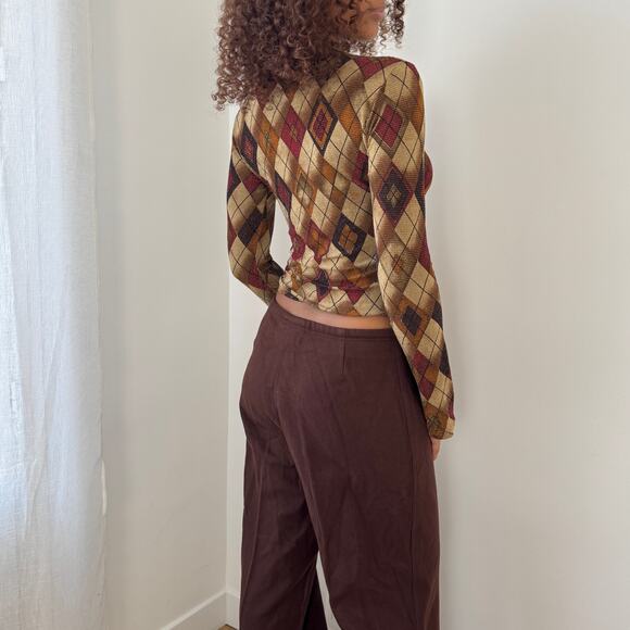 Vintage Euro shimmer argyle mesh-knit fitted long sleeve top (Small) - Picture 2 of 6